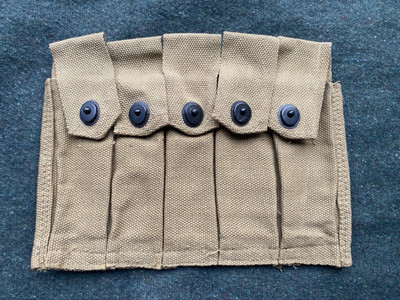 Excellent WW2 US Army Tan Webbing Thompson 5 Mag Pouch - 1942 R M Co