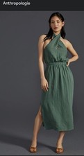 Anthropologie Cloth & Stone Green Linen Cross-Neck Halter Dress Size Small