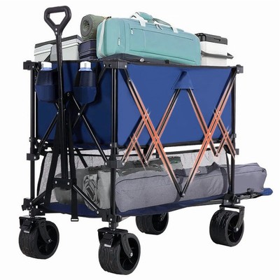 Folding Double Decker Wagon with Brakes, 54'' Extra Long Extended Cart, Equipped