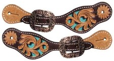 Showman Youth Dark  Light Leather Spur Straps w/Floral Tool  Turquoise Inlay
