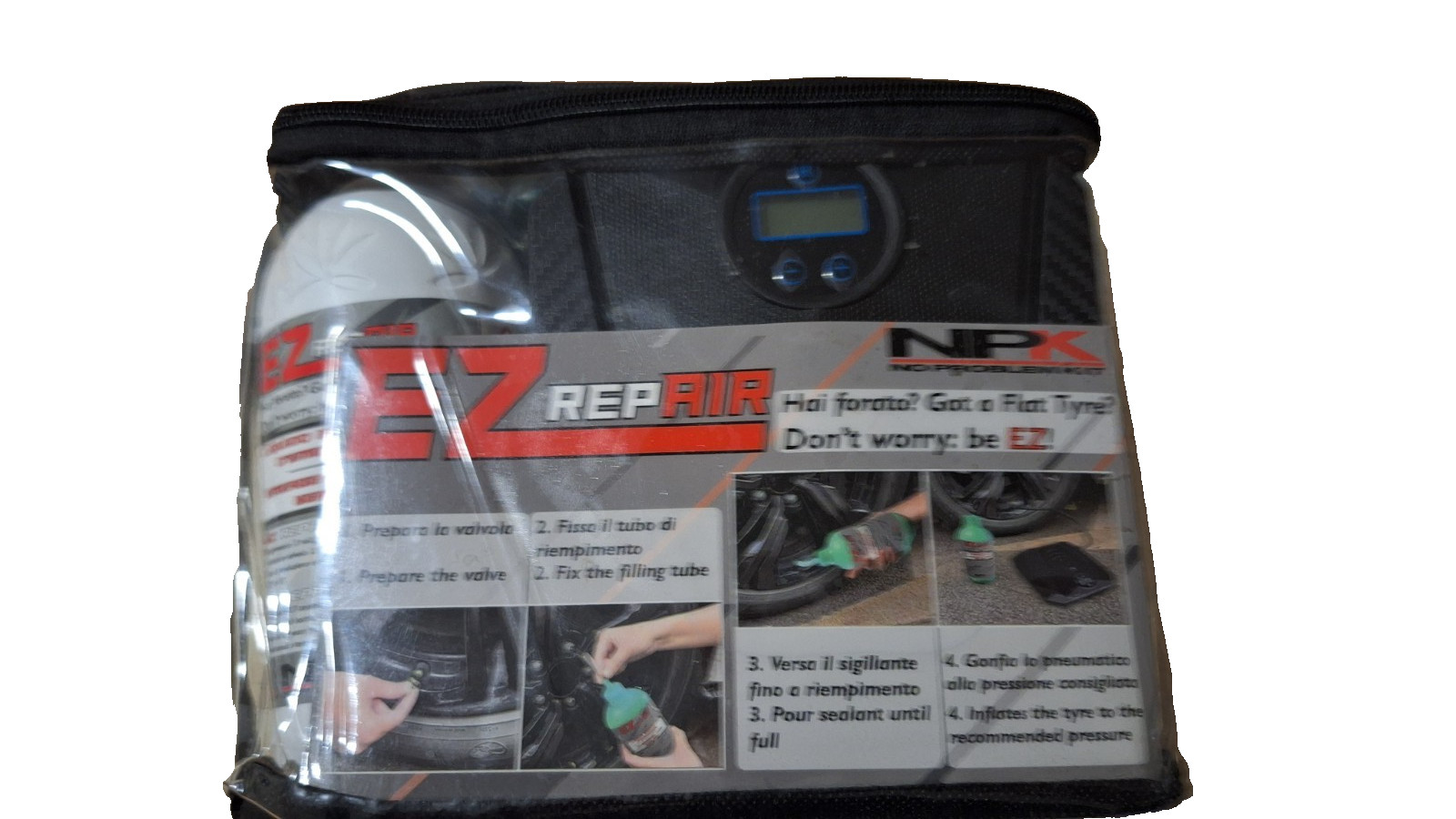 GONFIA E RIPARA PNEUMATICI COMPRESSORE PORTATILE + LIQUIDO ORIGINALE
