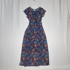 A New Day Maxi Dress XS Blue Flutter Sleeve Tie Waist Bold Floral Multicolor