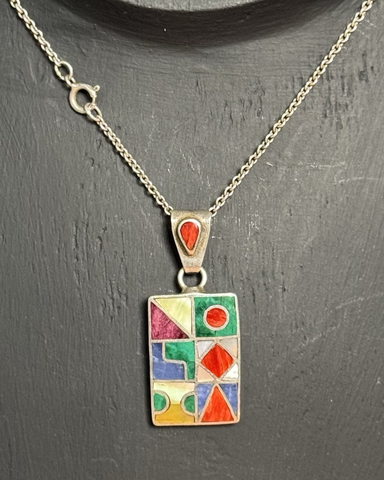 Peruvian 950 Silver Multi Stone Inlay Geometric 1… - image 4