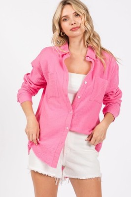 NWT Hem & Thread Hot Pink Crinkle Button-Down Shirt, Size S