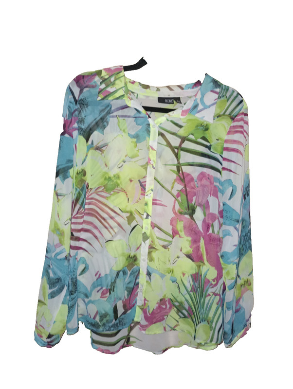 Ana Green Tropical Print Sheer Blouse XL