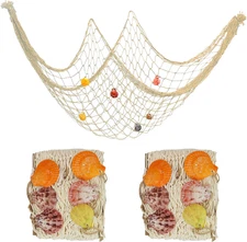 2 PCS Fish Net Decorations with Shells 80 x 40 Inch Ocean Themed Party Decor Bea