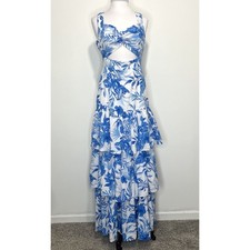 Fashion Nova Tropical Maxi Dress Blue White Cutout Tiered Ruffle Resort L