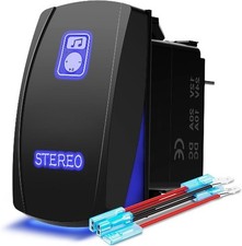 Laser Stereo Rocker Switch Kit, On/Off LED Light, 20A 12V, Blue