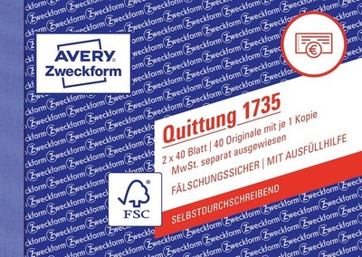 AVERY Zweckform 1735 Quittungsblock A6 quer 2x40 Blatt Dokumentendruck