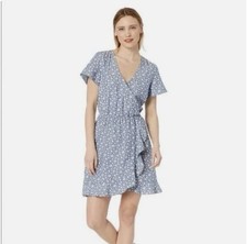 J Crew Mercantile XS Dress Denim Blue White Hibiscus Floral Faux Wrap Ruffle