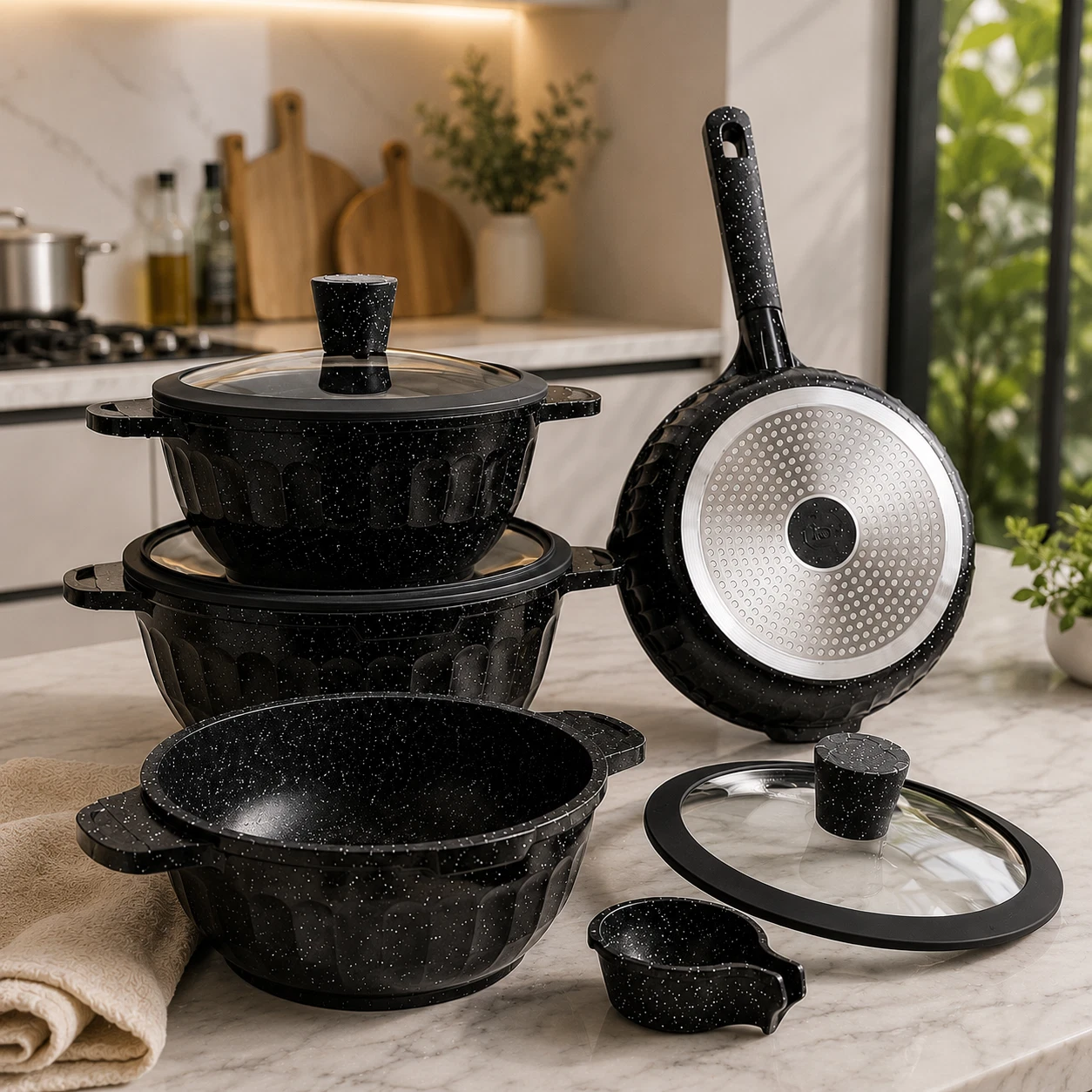 11Pc Black Non-Stick Cookware Set Induction Compatible Pots Pans & Glass Lids