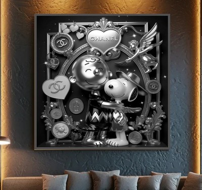 LEINWAND BILD BIS 140x140x5 Peanuts Charlie Brown Snoopy SCHWARZ SILBER-3D-OPTIK