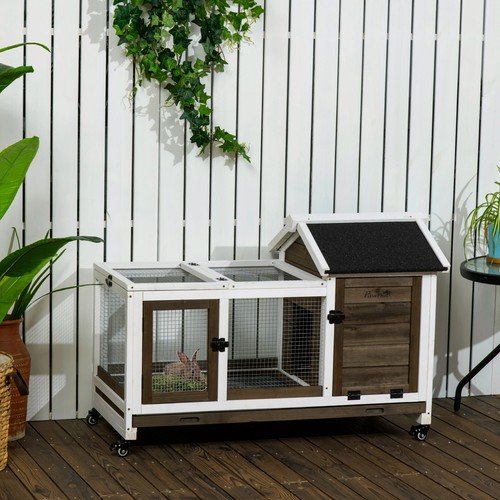Wooden Rabbit Hutch with Wheels, Guinea Pig Cage, Small Animal House for Pet - Picture 2 of 11