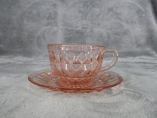 Jeannette Cup And Saucer Set Windsor Diamond Pattern Pink Depression Glass