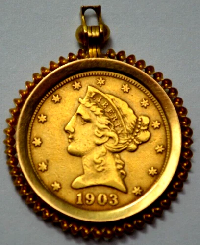1903-S $5 Five Dollar Gold Liberty Head Half Eagle Coin in Gold Bezel Pendant