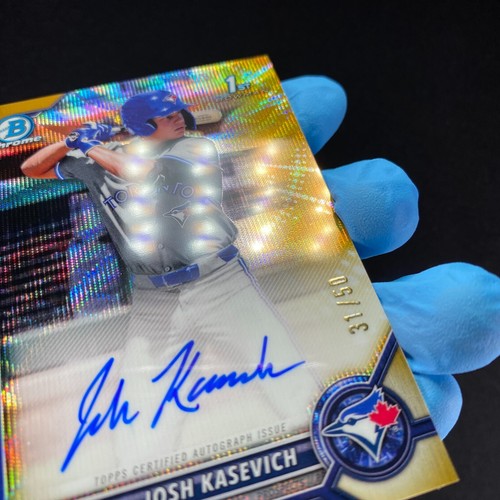 Bowman Draft Josh Kasevich 2022 primer cromo automático/50 refractor dorado brillante - Imagen 7 de 8