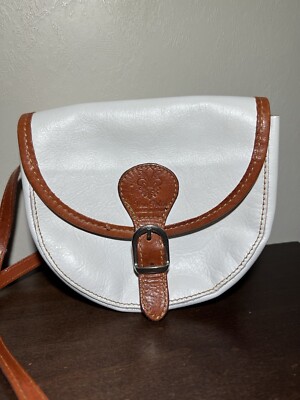 Vera Pelle Small White & Brown Genuine Leather Cross Body Bag Made in Italy