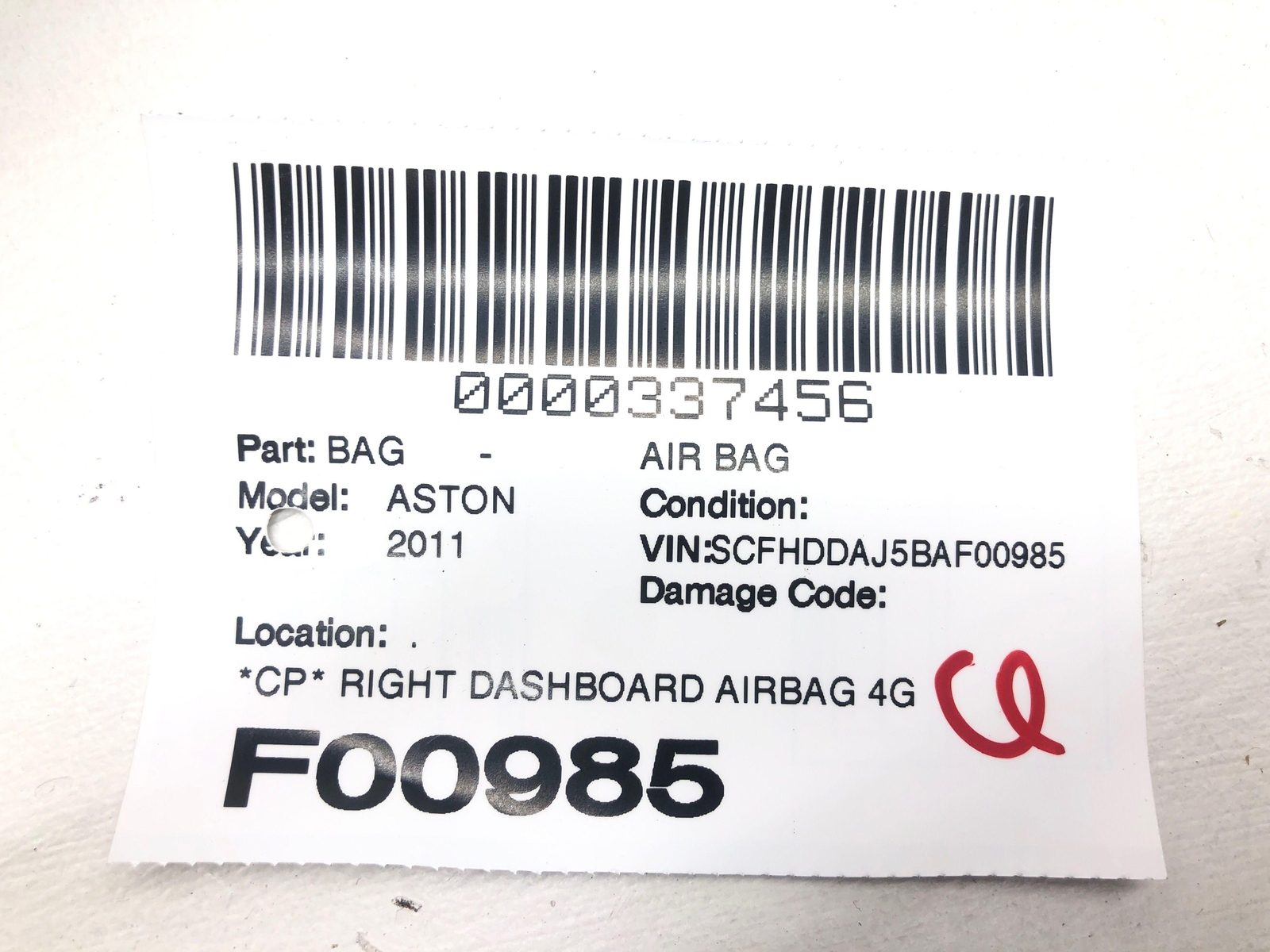 2010 - 2020 ASTON MARTIN RAPIDE RIGHT DASHBOARD AIRBAG 4G43-044H31-AA OEM