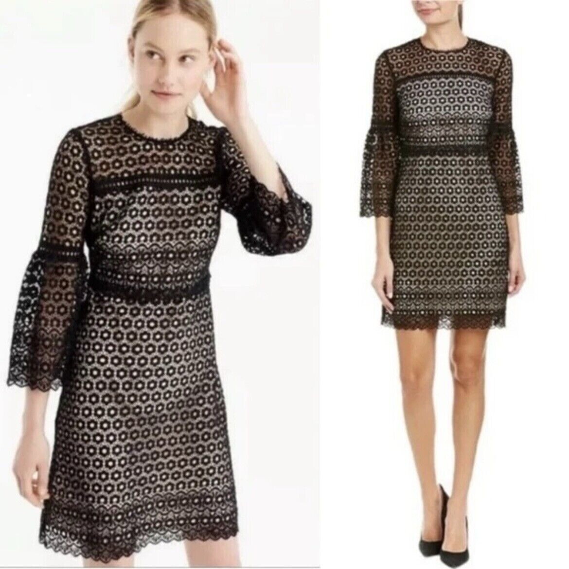 J. Crew Bell Sleeve Daisy Lace Sheath Dress Black/Nude Size 6