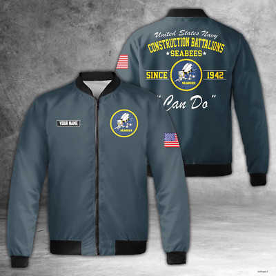 Custom Name SEABEES Naval Construction Force (NCF) AOP Fleece Bomber Jacket