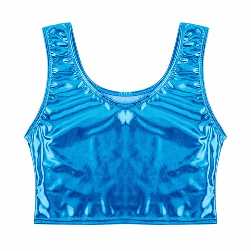 Women Tank Crop Top Shiny Metallic Scoop Neck Vest Fashion Bustier Blouse Shirt - Picture 85 of 114