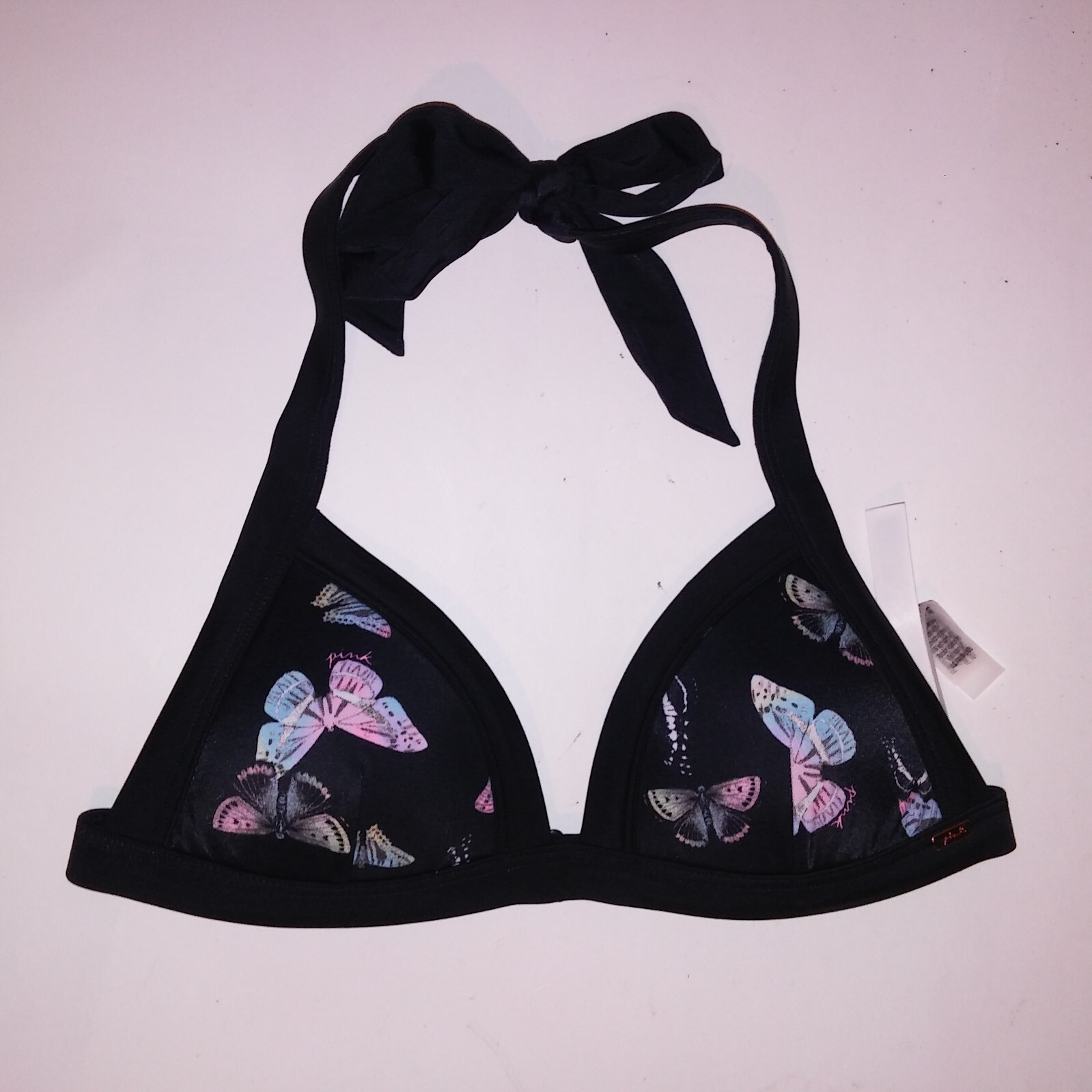 Victoria Secret PINK Swim Bikini Top XS Black Butterfly Padded Triangle Halter