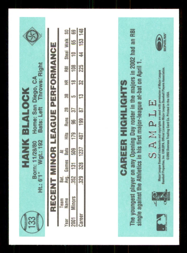 2002 Donruss Originals Samples #133 Hank Blalock 84 - Image 2 of 2