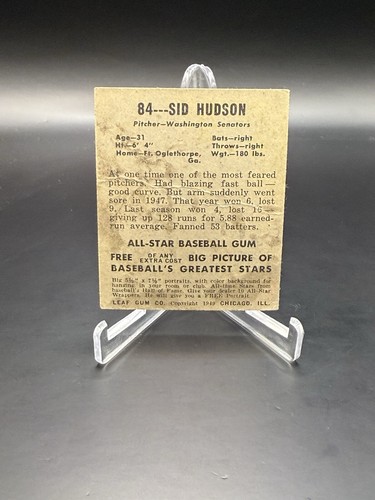 1948 Leaf Sid Hudson #84 Fair Washington Senators Free Ship - Picture 2 of 2