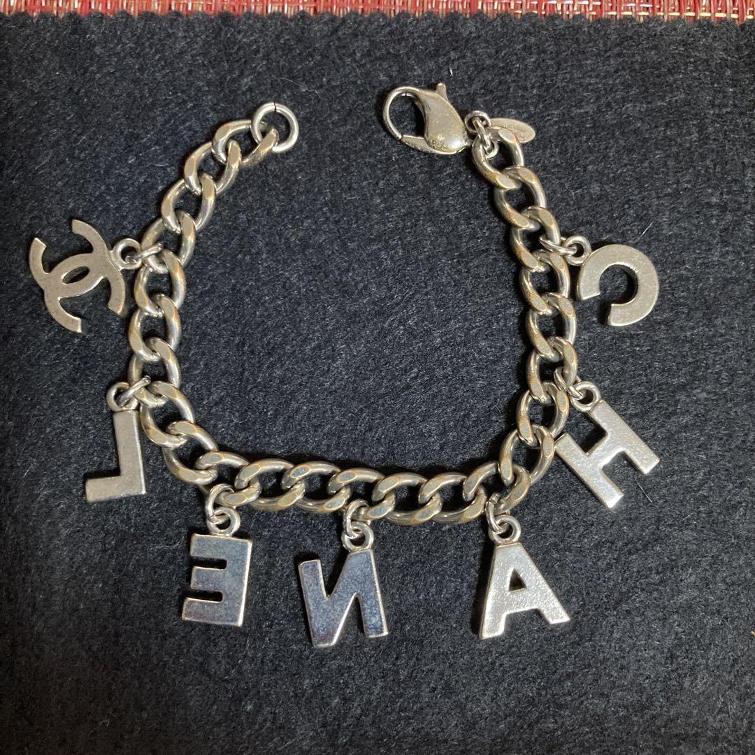 CHANEL CC Logo Charm Chain Bracelet Silver Color Vintage