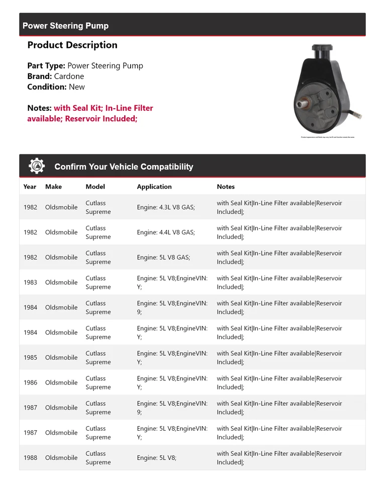 Для 1982-1988 Oldsmobile Cutlass Supreme насос гидроусилителя руля Cardone 1983 1984 - Изображение 2 из 4