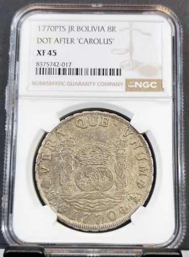 1770 BOLIVIA SILVER 8 REALES POTOSI MINT PILLAR DOLLAR NGC XF 40 EXTREMELY RARE