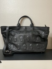 Io Pelle Italian 3d Skull Embossed Black Leather Weekender Tote Bag! Nwt!