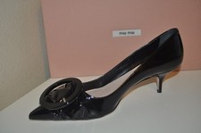 NIB MIU MIU Pointy Toe Buckle Kitten Low Heel Pump Shoe BLACK Patent EUR 36