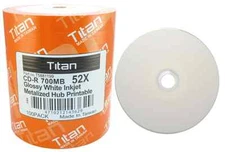 100 Titan 52X Glossy White Inkjet HUB Printable Metalized Hub CD-R CDR Disc 