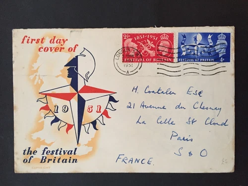 E GB 1951 FESTIVAL FIRST DAY COVER 3rd MAY CLEAR POSTMARK + INSERT TO FRANCE