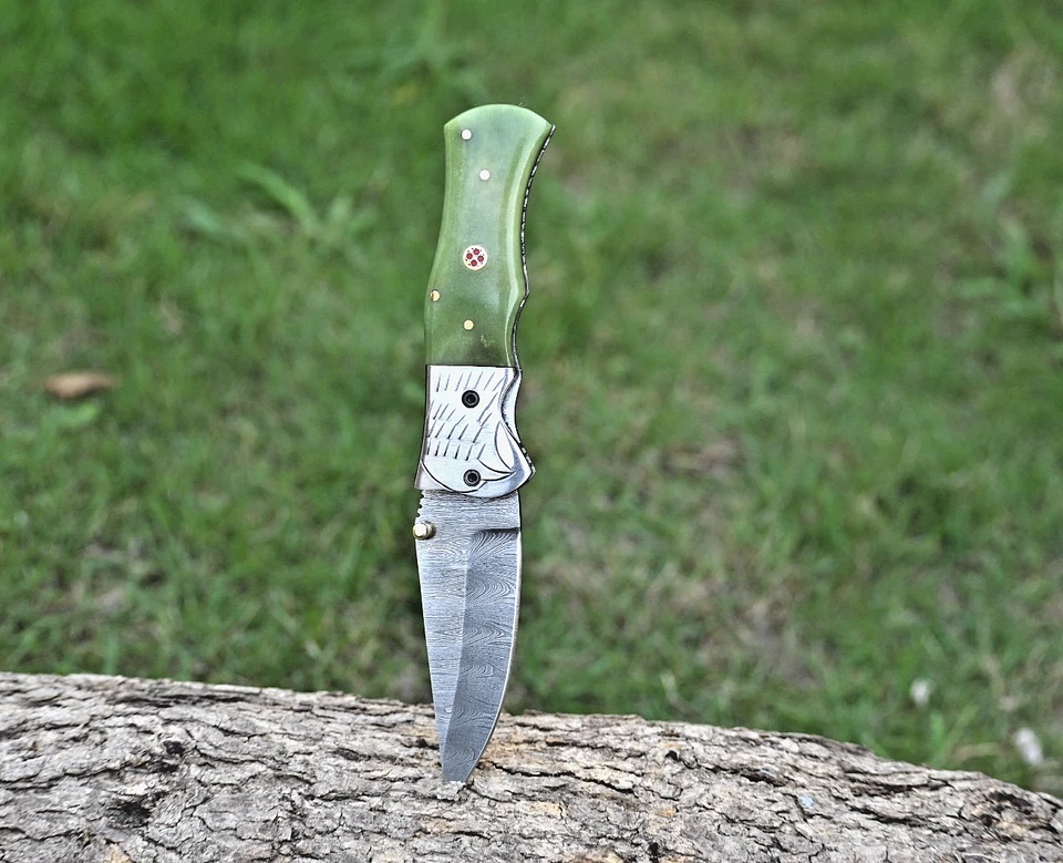 NAVAJA DE BOLSILLO HECHA A MANO FORJADA A MANO ACERO DAMASCO HOJA PLEGABLE ZS 418 Foto 3 de 4