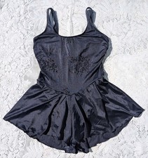 Vintage 80s 90s gothic black flocked floral teddy skirt one piece swim suit 13 M