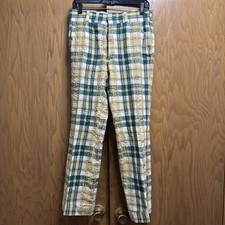 VTG Cotton Seersucker Linen Plaid Bell-Bottoms 1970s Pants 31x29 Green Yellow