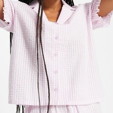 ASOS DESIGN women's gingham seersucker pyjama shirt oversized collar pink UK 12
