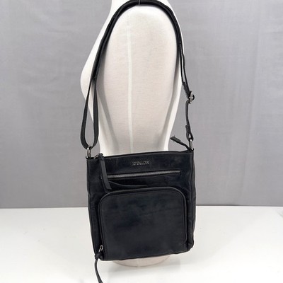 Estalon Women's Black Leather Crossbody Bag Multi Zip Adjustable Strap Slim