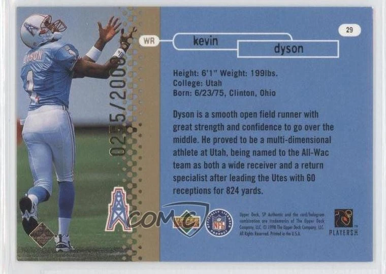 1998 SP Authentic Future Watch /2000 Kevin Dyson #29 Rookie RC - Image 2 of 2
