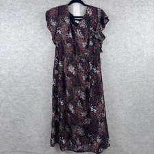 LOFT Dress Womens Large Black Floral Wrap Midi V Neck Flutter Sleeve Casual