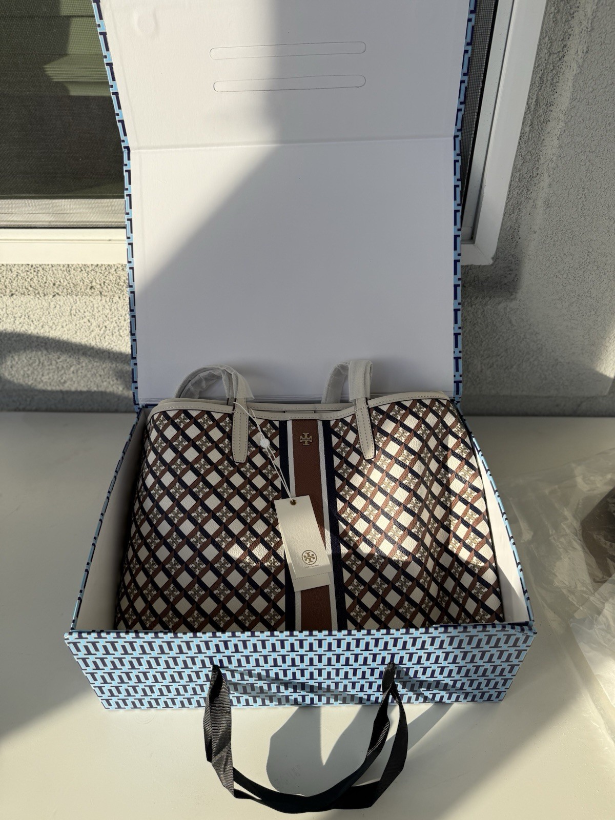 Tory Burch Geometric Large Tote Bag Logo Accent Brown White Striped Handles thumbnail 5