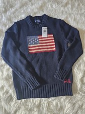 NWT Ralph Lauren Navy American Flag Sweater M 10/12 vintage classic unisex kids