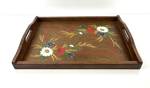 Servierplatte aus handbemaltem Holz - Blumenmuster alt - Vintage