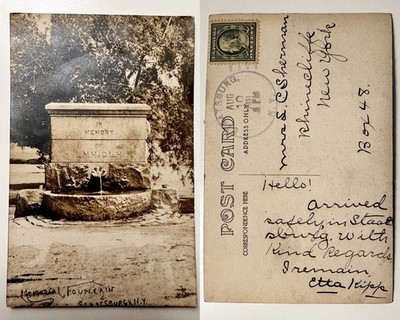 RPPC Photo Postcard Memorial Fountain Staatsburg NY L.M.H. Censor Mark 1911 A40