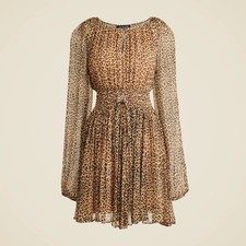 J Crew Women's Elena Long Sleeve Mini Dress in Leopard Crinkle Chiffon Size L