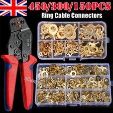 450PCS Non-Insulated Brass Ring Crimp Terminals Wire Connectors Spade Electrical