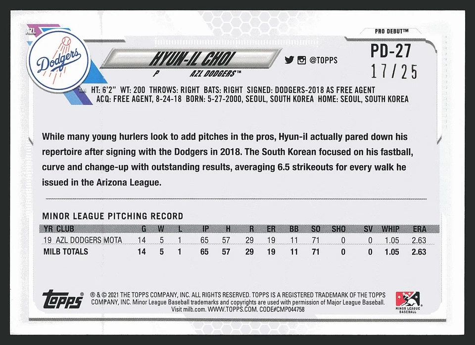 2021 Topps Pro Debut #PD-27 Hyun-il Choi Orange #/25 SN - Image 2 of 2