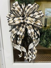 Handmade Black White Harlequin Gold Check Diamond Easter Christmas Spring Bow